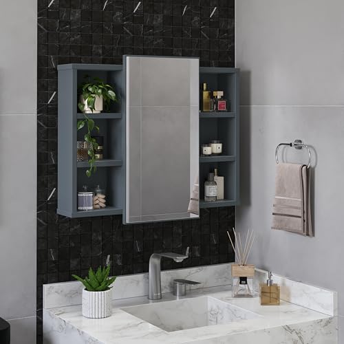 Espelheira Para Banheiro Com Nichos Armário Aéreo Com Espelho Organizador (Cinza)