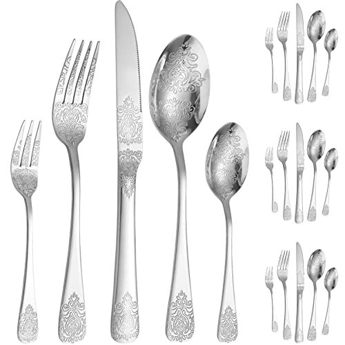 Vilihkc Unique engraved pattern design Silverware Set,20 Piece Stainless Steel Flatware Set, Kitchen Utensil Set Service for 4,Tableware Cutlery Set for Home and Restaurant,Dishwasher Safe