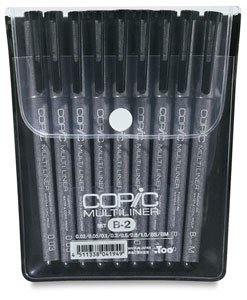 Copic Multiliner Pens - Black, Set of 9 Pens, Assorted Nibs