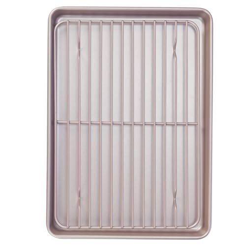 Bakeley 13-inch Baking Sheet Pan with Rack, Non-Stick Rectangular Shallow Dish Sheet Pan with Wire Rack for Oven Baking, BBQ, Jelly Roll and Roasting 13.5\" x 9.6\" x 1\" (Champagne Gold)