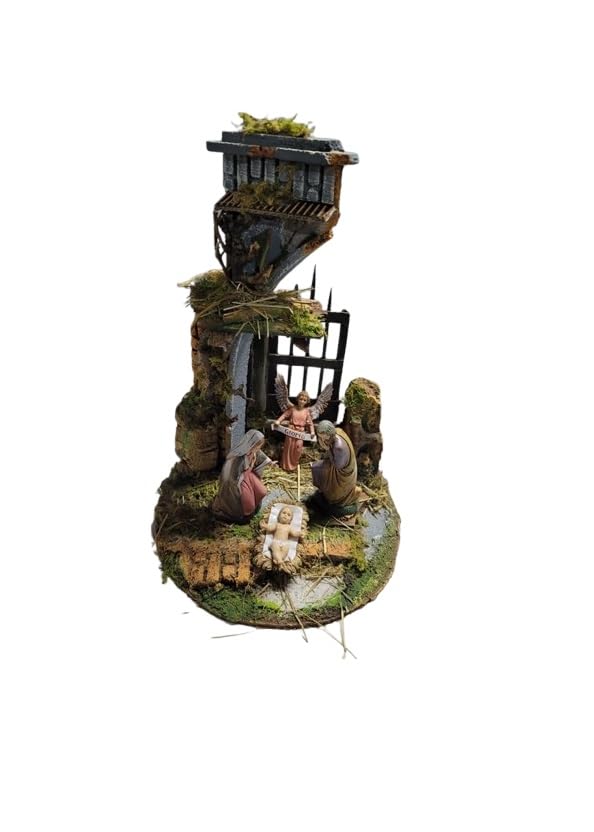 Mini-Tempel Krippe Durchmesser 20 cm Höhe 30 cm Holz und Kork mit oder ohne Geburt 4 Schäfte 10 cm Kunststoff geeignet für Glasglocke