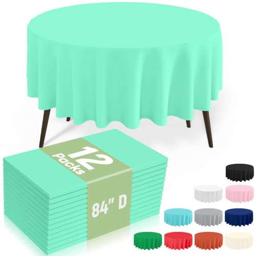 Image of misaya 12 Packs Disposable Plastic Table Cloth, 84 inch Round Waterproof Tablecloth, Leakproof & Sturdy Decorative Table Covers for Picnic, Party, Outdoor and Back to School, Mint Green