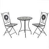 CHARLES BENTLEY Garden Black Mosaic 3 Piece Dining Set, With Folding Chairs, Outdoor, Patio, Conservatory, Foldable Chairs, Antirust Finish, Interwoven Seat, 2 Person, Round Table, Robust (65x65x72cm)