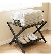 FLYJOE Luggage Rack, Solid Oak Wood Folding Suitcase Stand with Storage Shelf, Luggage Stand with...