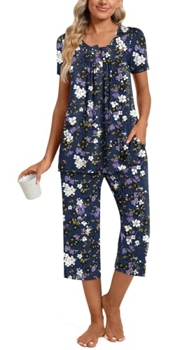 Image of Womens Summer Pajama Sets 2 Piece Short Sleeve Top and Capri Pants Plus Size Ladies Lounge Pjs Sets with Pockets