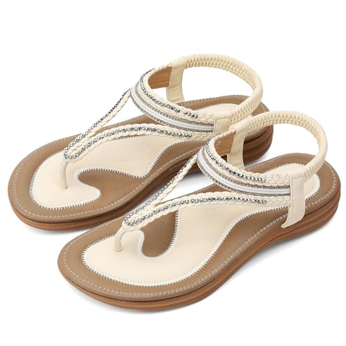 Image of UBFEN Womens Bohemian Flat Sandals With Back Strap Summer Beach Comfortable Bling