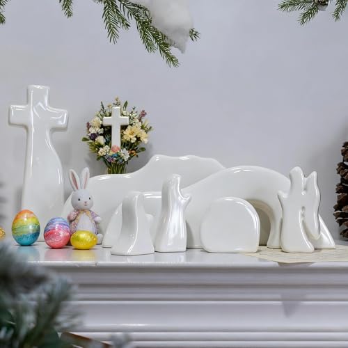 Image of NEROSUN Empty Tomb Easter Scene and Cross Decoration, Ceramic Resurrection Scene Cross Jesus Tomb Decor, Christmas Decoration Jesus Nativity Scene for Religious Home Office Tabletop Christian Gifts