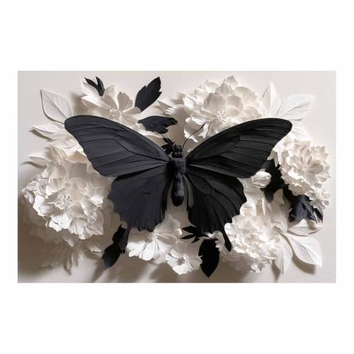 Deco mural artistique noir et blanc HOQIU fleur papillon 40x60