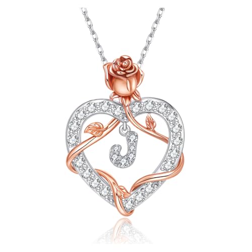 FATED FLIGHT 925 Sterling Silver Rose Heart Initial Pendant Necklace Rose Heart Necklaces Gifts for Women 925 Sterling Silver Heart Initial Necklace Anniversary Birthday Gifts for Women Jewelry Gift for Wife Girlfriend