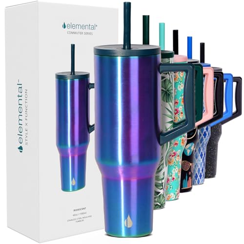 Image of Elemental Spill Proof 40oz Insulated Tumbler with Handle & Straw Travel Mug | Stainless Steel Commuter Travel Coffee Mug for Cold Beverages, Includes 2 Straws & a Spill Proof Lid for Everyday Use