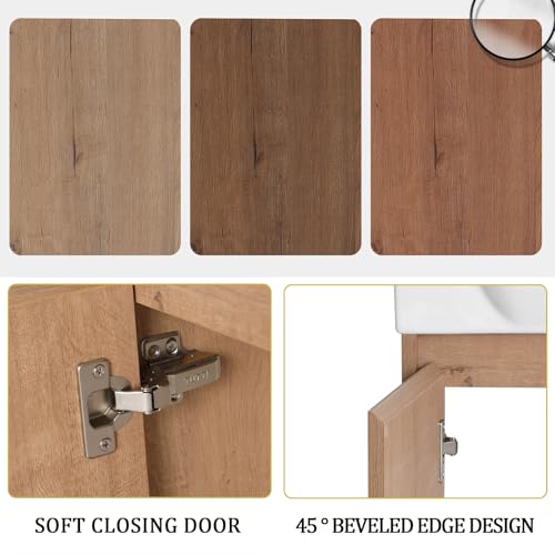 Image of 24 inch Wall Mounted Bathroom Vanity with Ceramic Sink, Modern Floating Bathroom Cabinet with Soft-Close Door & 2 Open Storage Shelves, Farmhouse Small Bath Vanity Set, Easy to Clean, Natural Oak