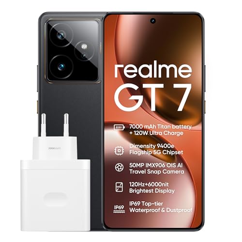 realme GT7 5G teléfono móviles, 12 GB+512 GB, Chipset Dimensity 9400e, Batería de 7000 mAh, Carga de 120 W, Cámara IMX906 OIS de 50 MP, Pantalla de 120 Hz, IP69, Negro