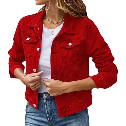 Veste en jean femme manches longues rouge boutonné manteau vintage L