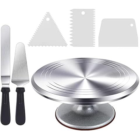 Tortenplatte Drehbar, Ohuhu Drehbare Tortenplatte 30 cm, Aluminiumlegierung Tortenständer Drehteller Cake Decorating Turntable mit 2 Winkelpalette und 3 Icing Smoother, Kuchen Plattenspieler Cover