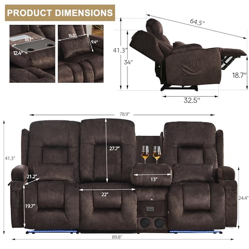Image of URRED Power Loveseat Recliner Sofa with Massage and Heat, Wall Hugger Reclining Loveseat with Console, RV Couch Home Theater Seating with LED Lights for Living Room (Brown, 89.8 inch - 3 Seats)