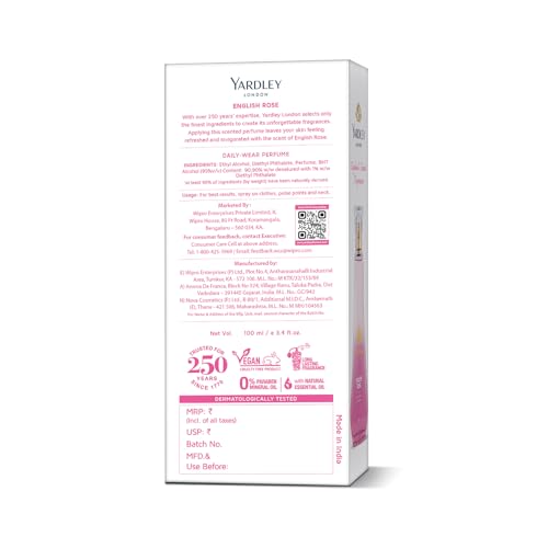 Image of Yardley London English Rose Perfume for Women, 100ml - 90% Naturally Derived, Floral Daily Wear Spray | Rose & Musk Fragrance