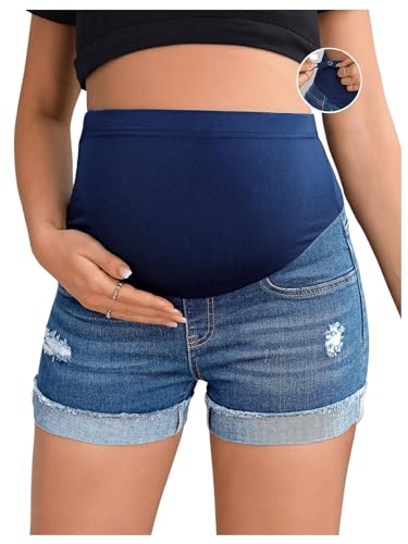Image of BEAUDRM Women's Maternity Adjustable High Waist Ripped Roll Up Hem Denim Mini Shorts with Pocket