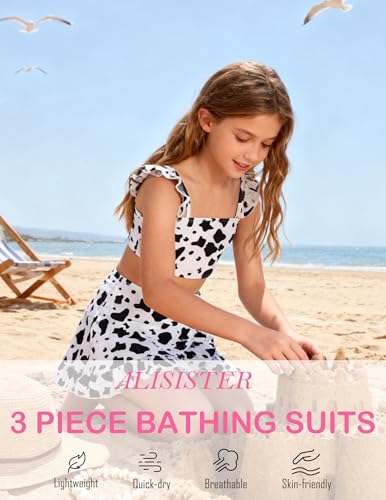 Image of ALISISTER Girls Swimsuit 3 Piece Bathing Suits Summer Bikini Tankini Sets with Cover Up Skirt for 4-12 Years