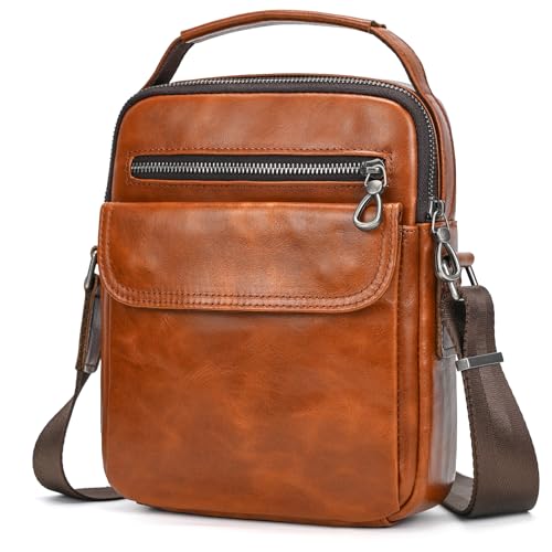 SAIION Leather Man Purse Shoulder Bag,Small Mens Crossbody Messenger Bags for Work,Men Satchel Handbag, 9509 Light Brown