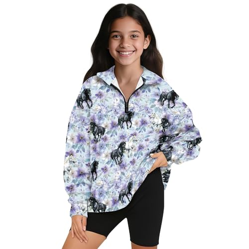 Image of AmzPrint Girls Graphic Quarter Zip Coat Long Sleeve Lightweight Oversized Athletic Running Hoodies For Kids Teen Girls
