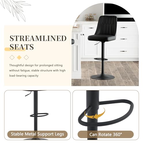 Image of Swivel Bar Stools Set of 2 - Black Barstools with Back,Adjustable Counter Height Bar Stools with Sturdy Metal Legs,Leather Counter Height Stools Ideal for Kitchen Island Pub(25''-33''H)