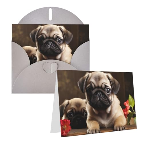 QMNEHJ グリーティングカード サンキューカード 封筒付き ブランクノートカード 4x6インチ バースデーカード 子犬 パグ ウェディングカード お悔やみカード おもしろい 思考カード あらゆる機会に