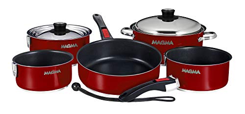 Magma 10 Piece Gourmet Nesting Stainless Steel Cookware Set with Ceramica Non-Stick, Induction Compatible, Oven Safe to 500°F - Suitable for All Stovetops, Removable Handles, Red