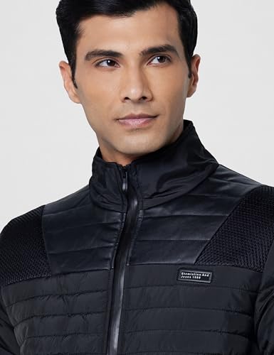 Image of Qube By Fort Collins Men's Nylon Standard Length Regular Fit Quilted Bomber Jacket with Detachable Hood - Winter Warm, Insulated Lining, Ribbed Cuffs, and Stylish Design