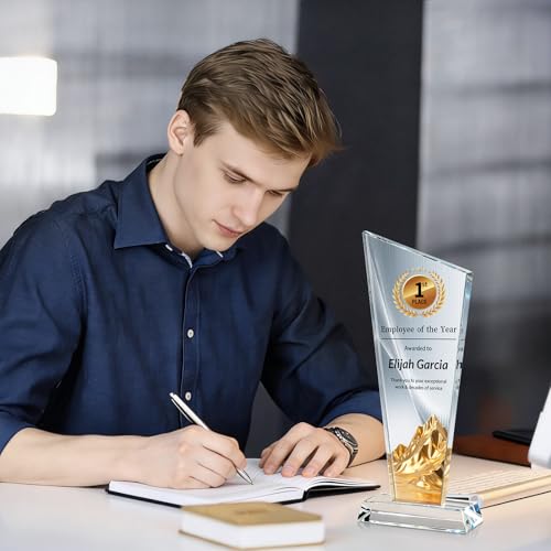 Image of Custom Crystal Trophy Award Personalized Plaque Award with Text Logo Photo Awards Trophies for Employee Recognition Team Graduation Personalized Office Gifts for Boss Coworker Teacher