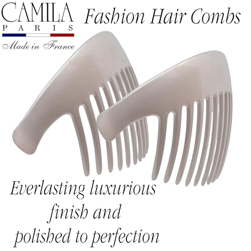 Image of Camila Paris CP3016 French Hair Side Combs, Beige Pearl Interlocking Combs French Twist Hair Combs, Strong Hold Hair Clips for Women Bun Chignon Up-Do, Styling Girls Hair Accessories, Made in France