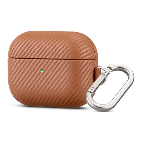 Image of Haobobro Leather Case - for AirPods Pro 3 Case Cover with Keychain - Selected Skin-friendly Leather, Carbon Fibre Texture, Handmade Shockproof Hard Cover for AirPods Pro 3rd Generation Earbuds - Brown