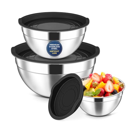 Image of Herogo Stainless Steel Mixing Bowls with Lids Set of 3, 1.5/3/4.6Qt, Black