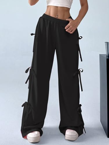 Verdusa Women's Baggy Sweatpants Elastic Waist Casual Bow Wide Leg Pants with Pocket Y2K Going Out Travel Pants4