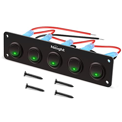 Image of Nilight 5 Gang 3 Pin Rocker Switch Panel On Off SPST Toggle | 12V 12V /20A 24V /10A Pre-Wired for LED Light Bar Rear Rock Lights Cars Trucks RV Boats 4X4 Green