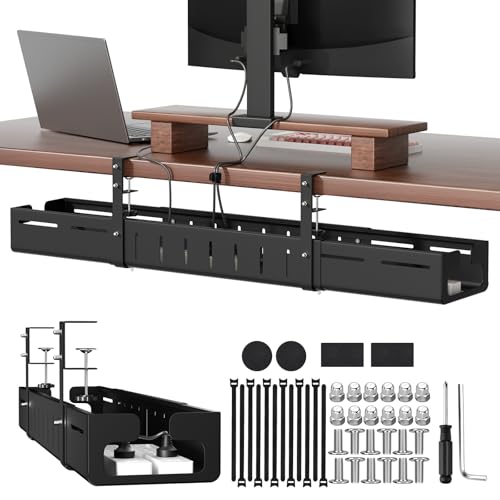 Under Desk Cable Management Tray Expandable 25.238.6 No Drill Clamp Mount Cord Management Heavy Duty Carbon Steel Standing Cord Organizer for Home Office Gaming Desk Black