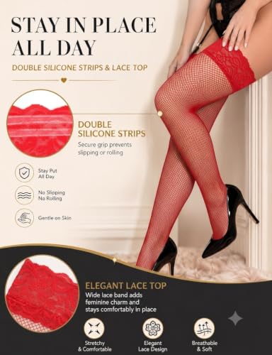Image of ohyeah Women Fishnet Plus Size Thigh High Stockings XS-5XL Silicone Stay Up Lingerie Lace Top Pantyhose Hosiery