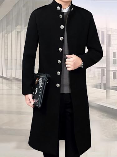 Autumn Winter Long Fitted Black Woolen Coat Men Mandarin Collar Single Breasted Plus Size Clothing2
