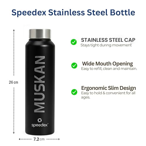 Image of Speedex Customised Engraved Name Stainless Steel Water Bottle 1 Ltr - Personalised Screw Cap Bottle for Kids, Men & Women, School, Office, Gym, Black, Set of 1