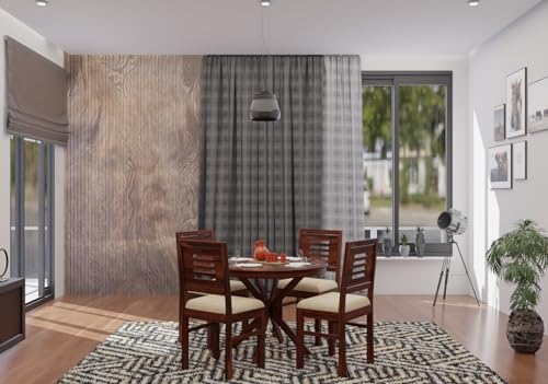 Image of Krishna Wood Decor Wood Round Dining Table 4 Seater with Chair | Dining Table Set | Dining Room Set | Dining Table 4 Seater Round Shape | Dining Room Furniture | Wooden Table | 4 Seater (1)