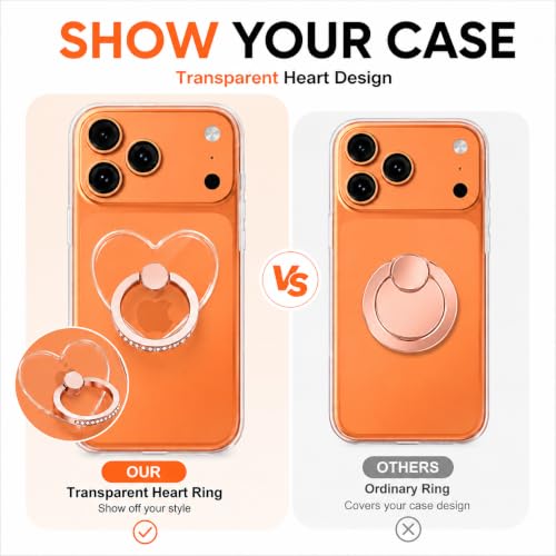 Image of Mizi 2Pack Transparent Heart Phone Ring Holder Kickstand, Bling Crystal Finger Grip Stand with 360 Rotation for iPhone, Samsung, Android Phones & Cases - Rose Gold