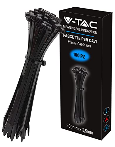V-TAC Fascette per Cavi in Plastica misura 2.5 mm x 200 mm - Confezione 100 Pezzi - Fascette per Cablaggio Multiuso - Stringicavo Portacavi Fermacavi per Elettricista, Meccanico, Giardinaggio - Nere