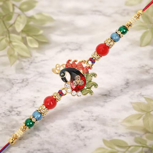 Image of Riddhika Ventures Glorious Gold Plated Meenakari Peacock Rakhi with Roli Chawal and Greeting Card