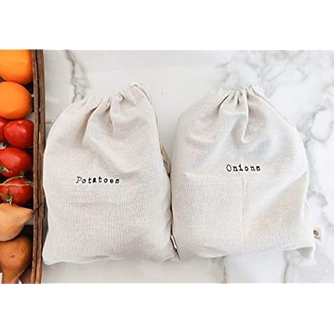 Montecito Home - 100% Linen Onion and Potato Linen Bags, Potato Sacks, Potato Keeper, Washable Storage Bags, Storage For Pantry- Combo Set - Two 15"x12" Farmhouse Artisan Linen Bags Cover