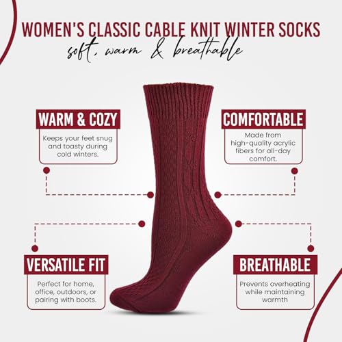 Women's Classic Cable Knit Acrylic Crew Socks Warm Cozy Crew Socks Lightweight Breathable Casual Socks Comfort Gift 2 Pairs2