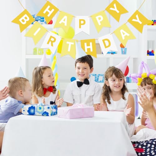 Image of Hooqict Happy Birthday Banner Yellow Birthday Decorations for Kids Girls Women Birthday Tea Party Decorations Yellow Party Banner Garland Sign Bunting Flag Wall Porch Door Hanging Decor