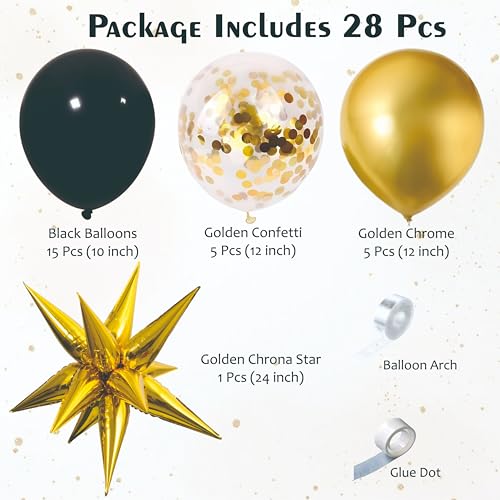 Image of Elegant Black & Golden Balloon Arch with Star Foil & Confetti Balloons, 28 Pcs, Perfect for Birthday and Graduation Party