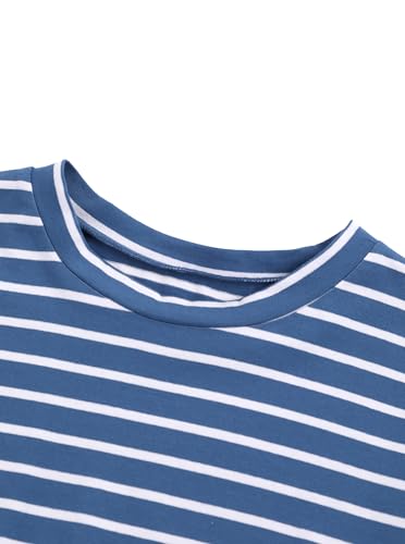 Image of Remidoo Women's Pajamas Set Striped Tee Shirts and Shorts Side Slit Crewneck Loungewear Blue Large