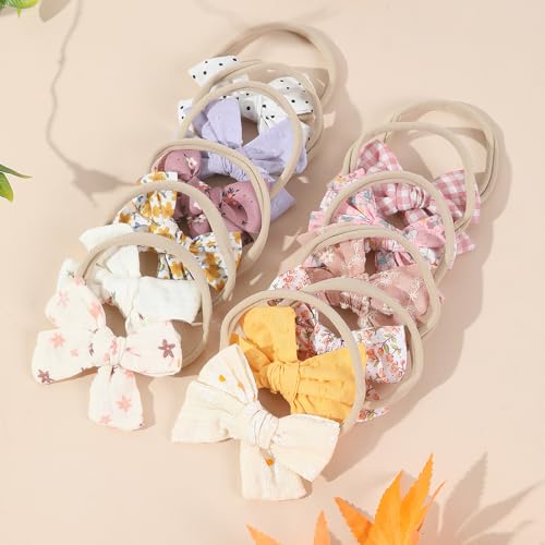 Baby Girls Floral Hair Bow Headbands 12 PCS, Flower Bow Stretchy Elastic Hairband for Newborn Infant Toddlers (pink NB 12 pcs)4