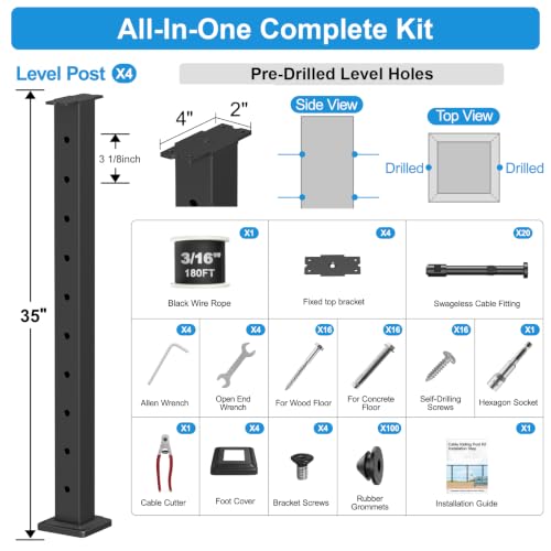 Image of 12FT-20FT 36 inch Black Cable Railing Post Kits with 3 /16 inch Wire Rope | Swageless Cable Railing System Includes 4Pack Drilled Posts, T316 Wire Rope and 3 /16 inch Cable Railing Tensioner Kit for Decks