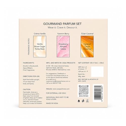 Image of OSSA Gourmand Parfum Miniature Set for Men & Women, 30ML (3 x 10ML) | Vanilla, Berry & Caramel Fragrances | Long Lasting Unisex Perfume Gift Set | Premium Travel Size Parfum Collection